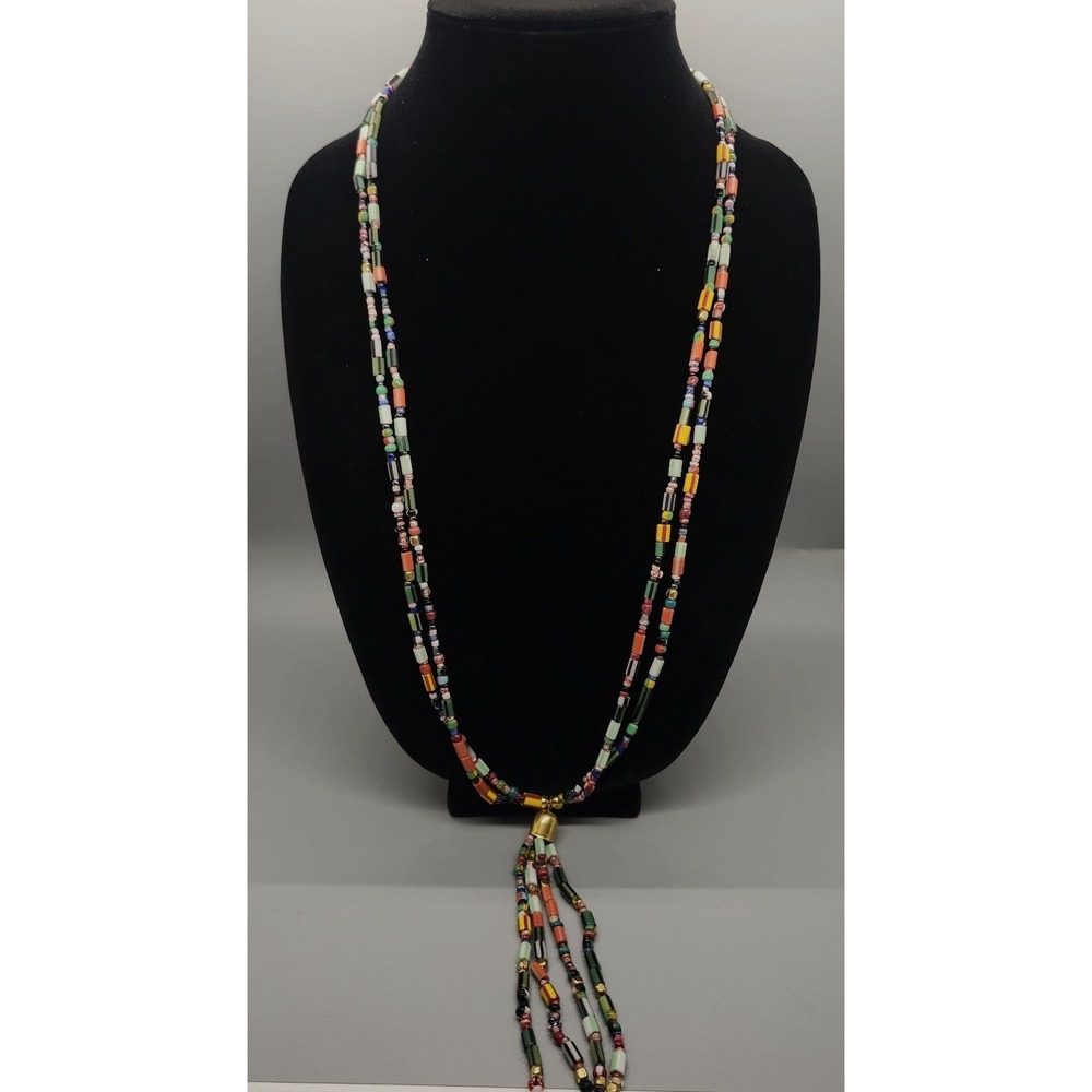 Multi-Color Beaded Tassel Necklace Long Adjustable Glass Beads Gold Tone Boho